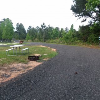 Paved rv park road with pads