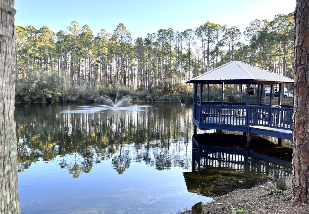 A beautiful scene as the fountain erupts over a quiet lake in a sunset through the pine trees setting